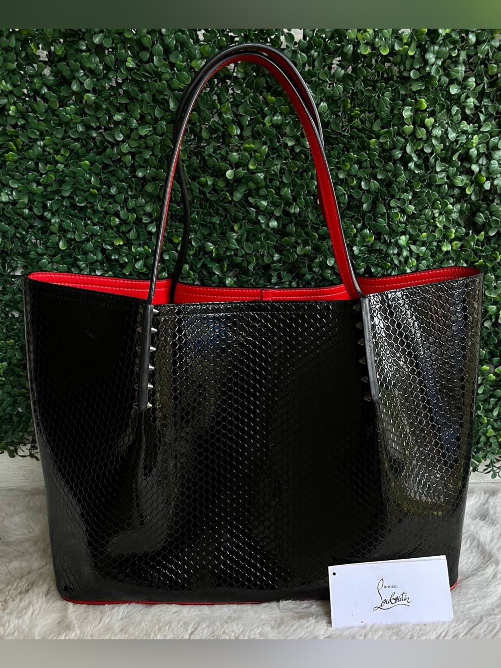 CHRISTIAN LOUBOUTIN Black Large Snake Embossed Cabarock Tote Spiked Shoulder Bag - Picture 2 of 14